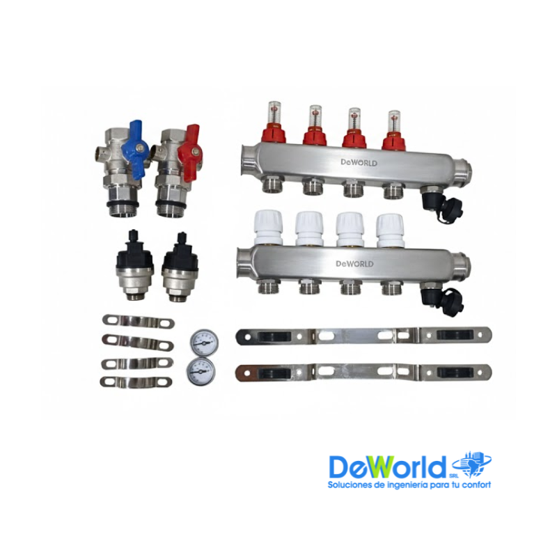 Kit Colector completo 4 salidas x 20mm, para suelo radiante, DEWORLD, Ind. Asia