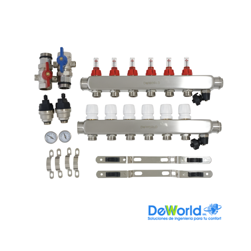 Kit Colector completo 6 salidas x 20mm, para suelo radiante, DEWORLD, Ind. Asia 