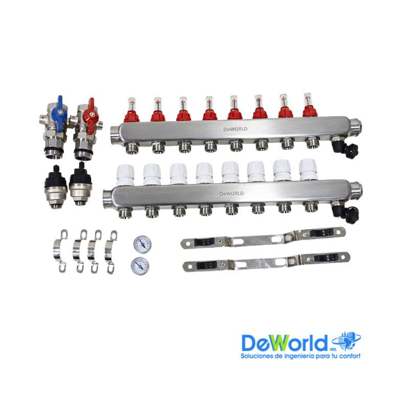 Kit Colector completo 8 salidas x 20mm, para suelo radiante, DEWORLD, Ind. Asia  
