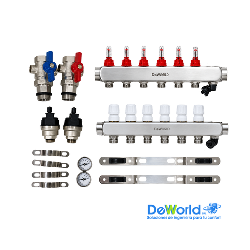 [H2034-6] Kit Colector completo 6 salidas x 20mm, para suelo radiante, DEWORLD, Ind. Asia 
