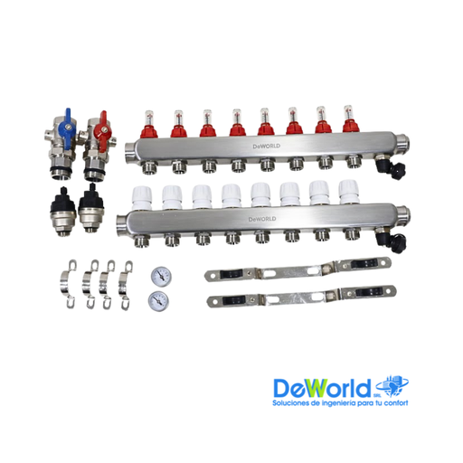 [H2034-8] Kit Colector completo 8 salidas x 20mm, para suelo radiante, DEWORLD, Ind. Asia  